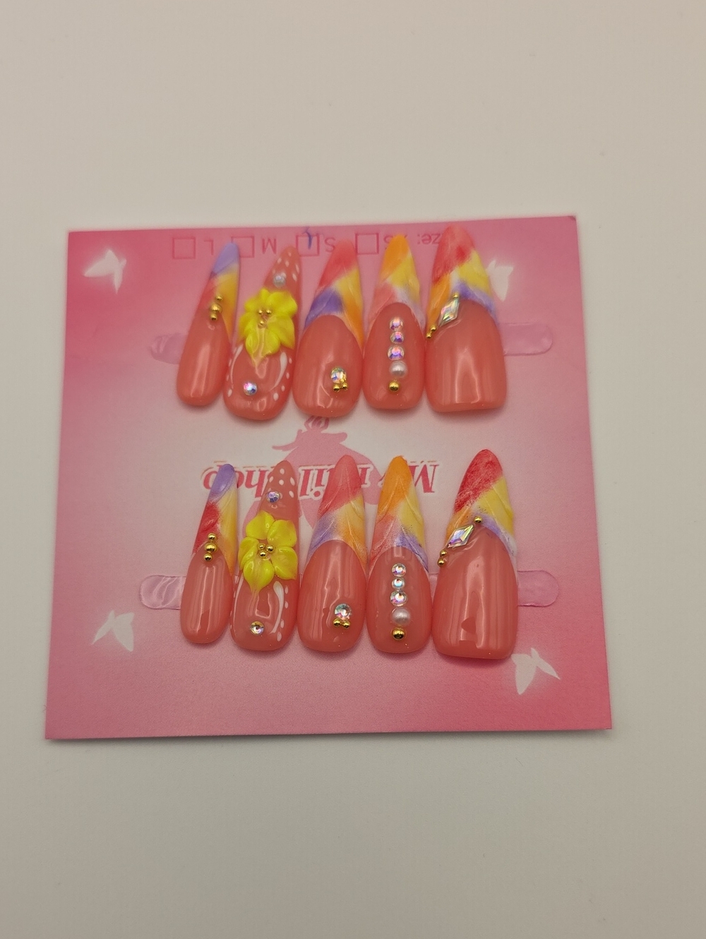 Kids Coral Pink Floral Rhinestone Press-On Nails